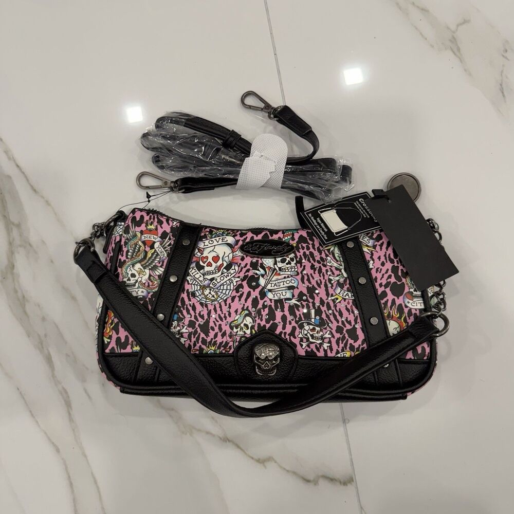 Ed Hardy pink leopard skull studded shoulder bag zip w/ detachable strap - Picture 2 of 5